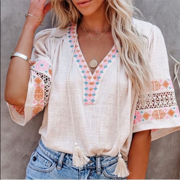 Beige Embroidered Tasseled Blouse